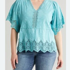 Democracy Turquoise Lace Trim Top